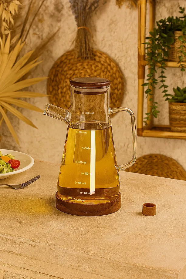 Bambu Kapaklı Borosilikat Cam Yağdanlık 900 ml